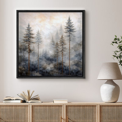 Misty Pine Forest Landscape Artwork, Neutral Woodland Nature Pictures, Framed Canvas Giclee Print Wall Art