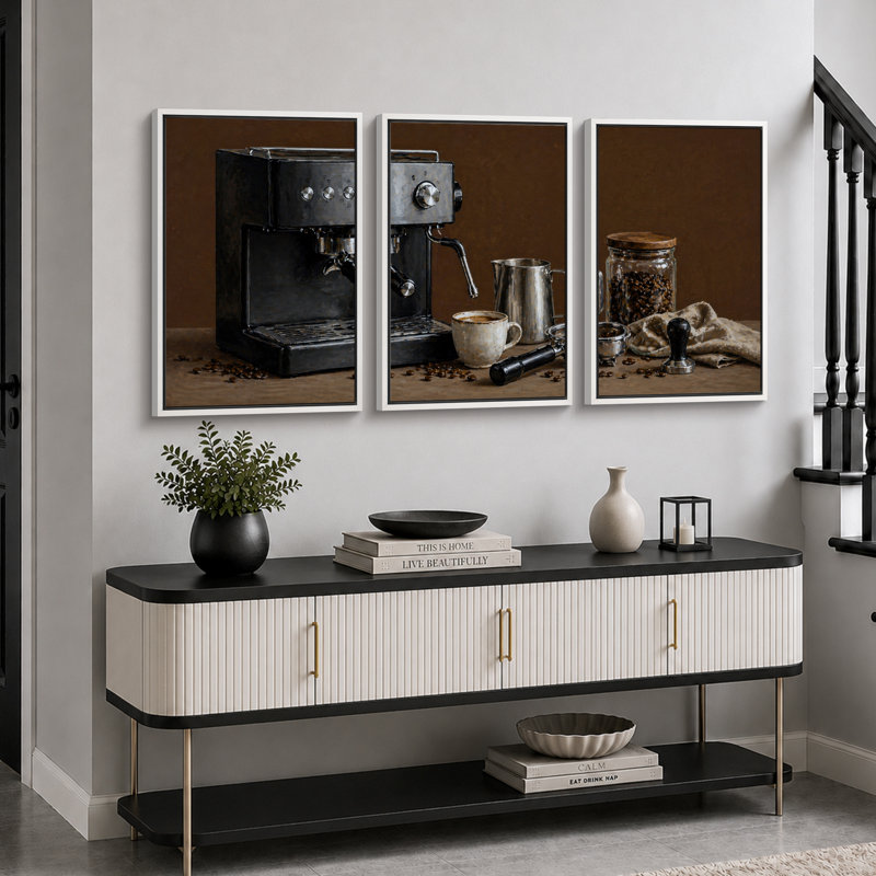 «Black Espresso Machine Coffee Bar», art de cuisine, impression sur toile encadrée, 3 pièces, H 24 po x l 48 po x P 1,5 po