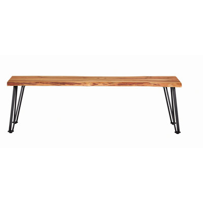 Banc en bois naturel pour les espaces de salle à manger avec détails à bord vif, finition rétro patinée et conception de pieds industriels en bronze industriel, attrait rustique, pieds en épingle à cheveux de style, supportant une charge lourde