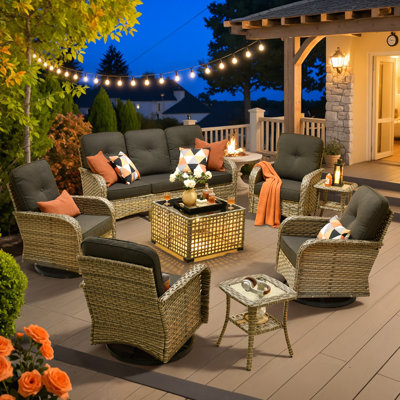 7- Person Patio Furniture Set With Swivel Rockers, Outdoor Wicker Rattan High Back Seating Group With Cushions, All Weather Sofa Conversation Set With by Lark Manor