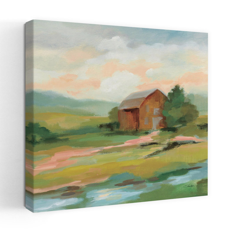 Art contemporain pastel carré pastel avec grange, H 48 po x l 48 po