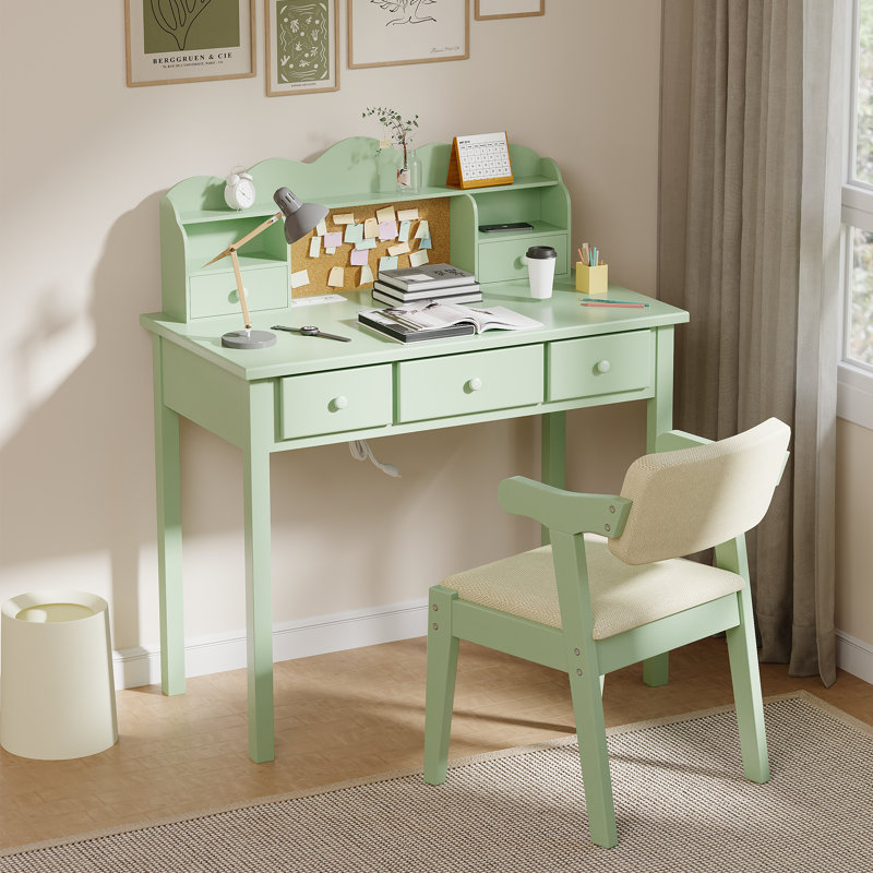 Mailiah Solid Wood Base Writing Desk with Power Outlet, Green