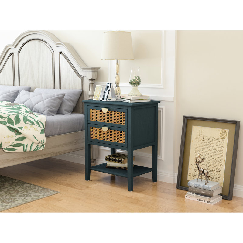 Table d'appoint 2 tiroirs avec naturel - pour la chambre à coucher. Placage en bois massif, poignée en métal, stable, matériau de papillon de nuit avec 2 demi-poignées charmantes. . 22,38 po de profondeur, 15,47 po de largeur, 28,42 po de hauteur. Pour