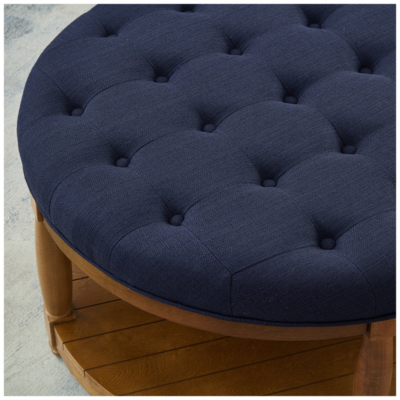 Large Round Tufted Linen Ottoman Coffee Table With Wood Shelf Storage, For Home And Commercial Use, Navy Blue, Brown
