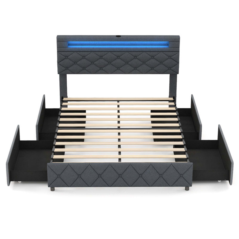 Bed Frame With Led Lights & Charging Station & Modern Upholstered Bed, Full