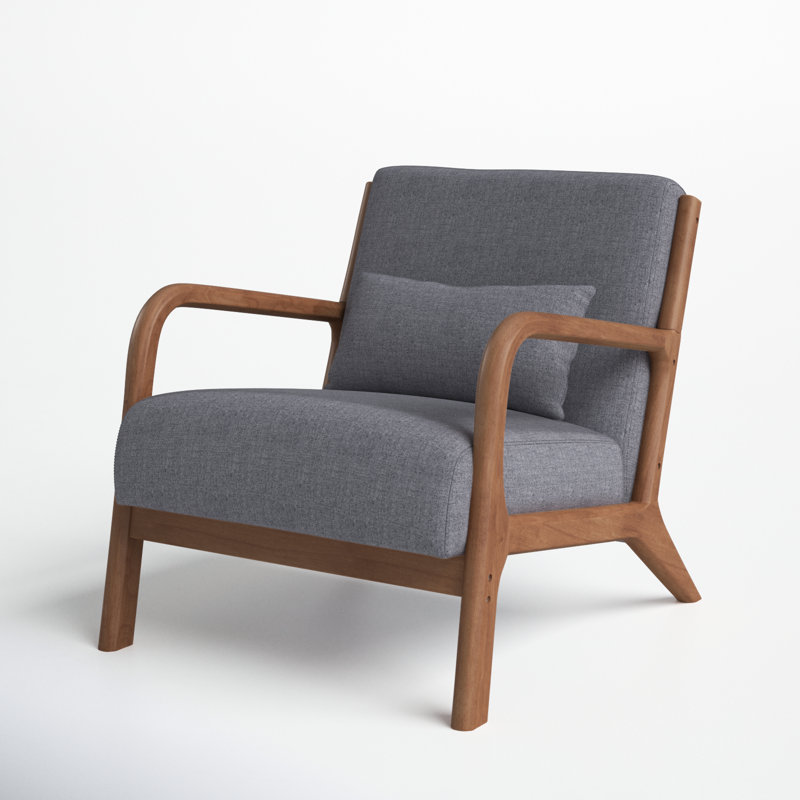 66cm Modern Solid Wood Frame Upholstered Accent Chair with Lumbar Support Pillow, Grey Linen