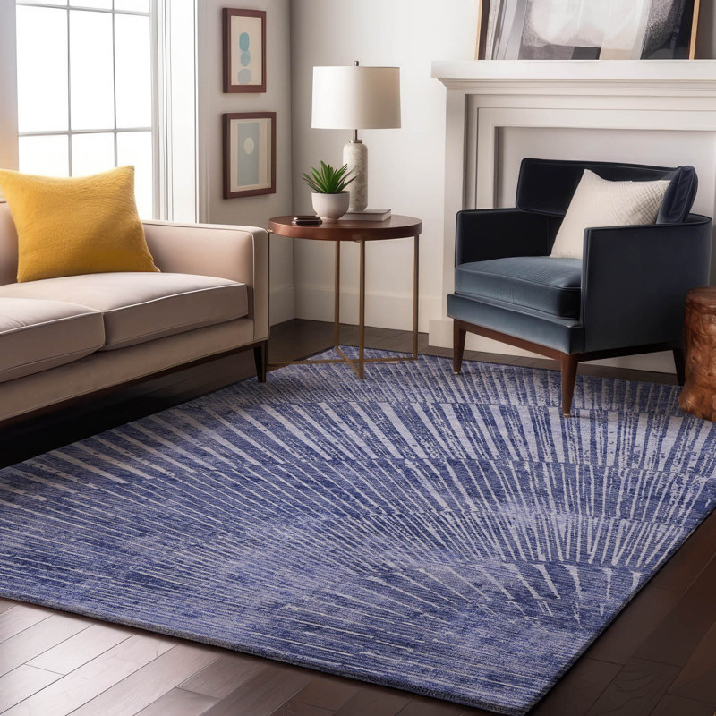Navy Rectangular Starburst Washable Synthetic Rug 46" x 30"