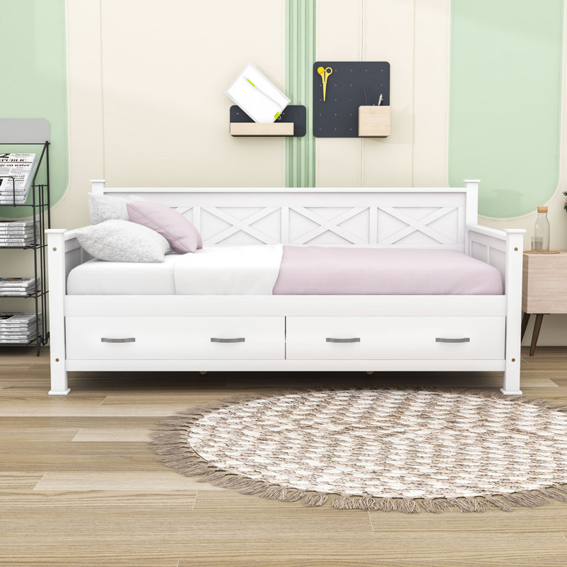 Shirl Twin Size Two Drawers Wooden Daybed, Cream White
