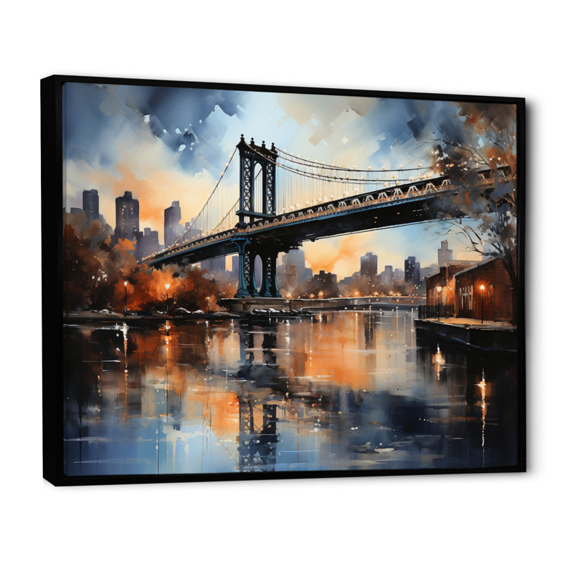 «Teal Bridge Urban Reflections Slate», reproduction sur toile, H 30 po x l 40 po x P 1,5 po, Cadre flottant noir