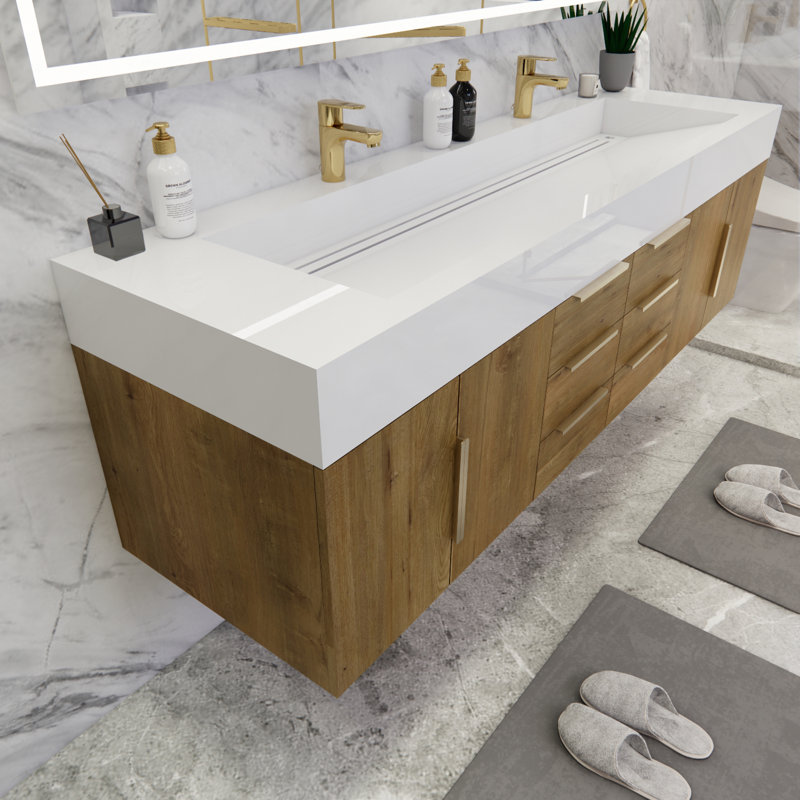 Ensemble de meuble-lavabo double mural 71 po Thomason, Blanc brillant, Chêne