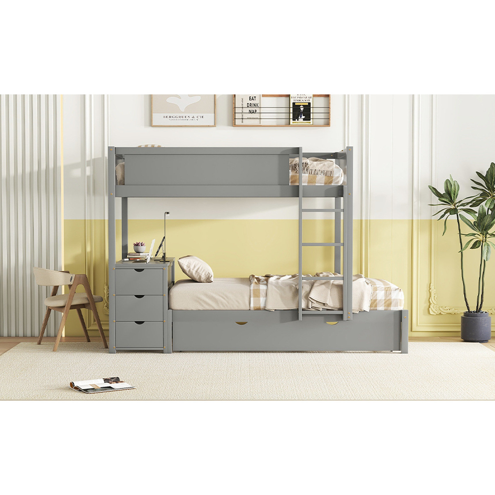 Latitude Run® Twin Size Trundle Bunk Bed With Desk, Outlets, And ...
