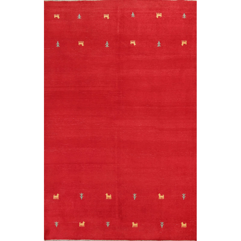 Tapis rouge / or / vert en laine noué à la main de conception unique 6 pi 7 po x 9 pi 9 po Gabbeh Kashkoli