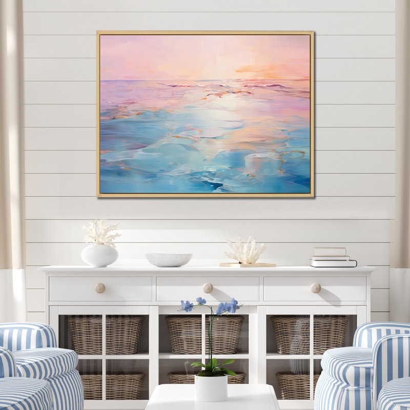 Rose et bleu pastel coucher de soleil - vagues côtières, art mural, H 24 po x l 32 po x P 1 po, Cadre naturel flottant