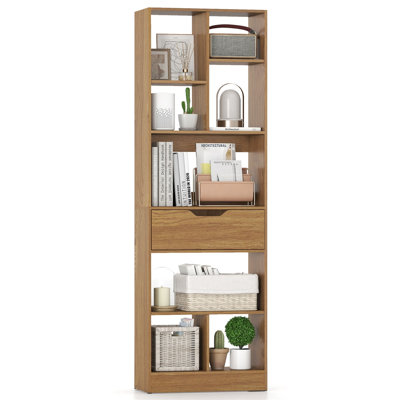 Bibliothèque autoportante de 155 cm de haut avec tiroir, rangement à 8 cubes, tablette moderne en bois d'ingénierie pour salon, chambre ou bureau, couleur naturelle