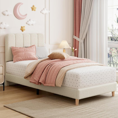 Bed Frame with Under-Bed Drawer, Upholstered Platform Bed with Wave Headboard for Kids/Girls, Wooden Slats Support