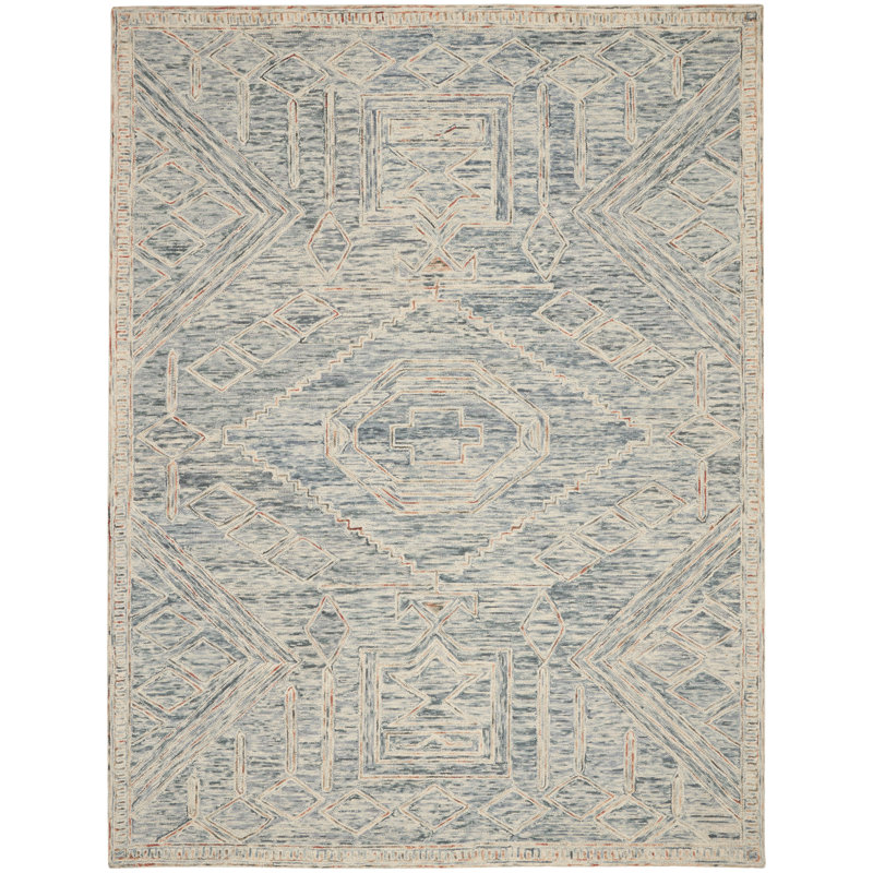 Tapis bleu / beige en laine touffeté à motif abstrait, Rectangle 5 pi x 7 pi 6 po