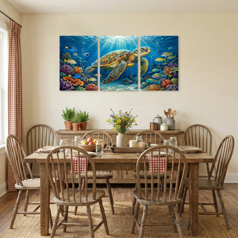 Animaux, tortue de mer, récif de corail, poisson, océan, lumière du soleil, scène sous-marine, ensemble de 3 impressions sur toile