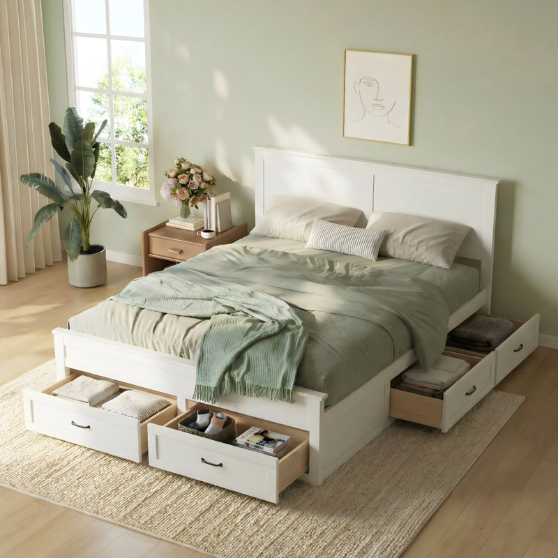 Wood Platform Bed Frame With 6 Drawers, Storage Bed, No Box Spring Needed, White