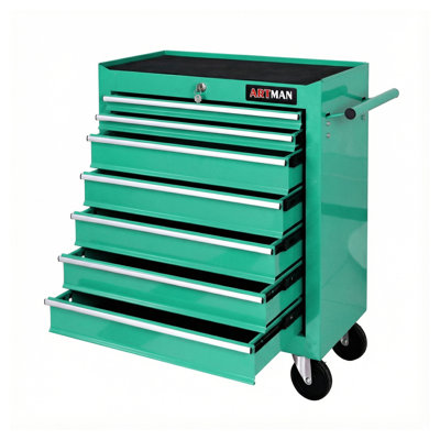 7 Drawer Rolling Tool Cart with Wheels - Green Metal Lockable Tool Cabinet with Ball-Bearing Drawers for Garage Organization