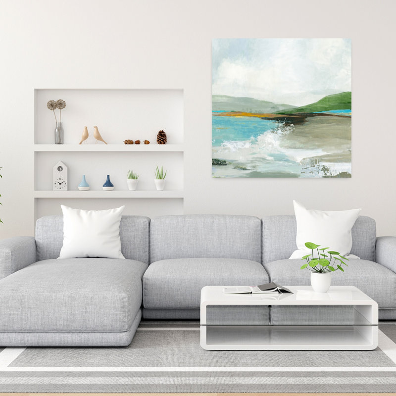 «Coastal Serenity With Green Hills», art mural côtier, H 36 po x l 36 po