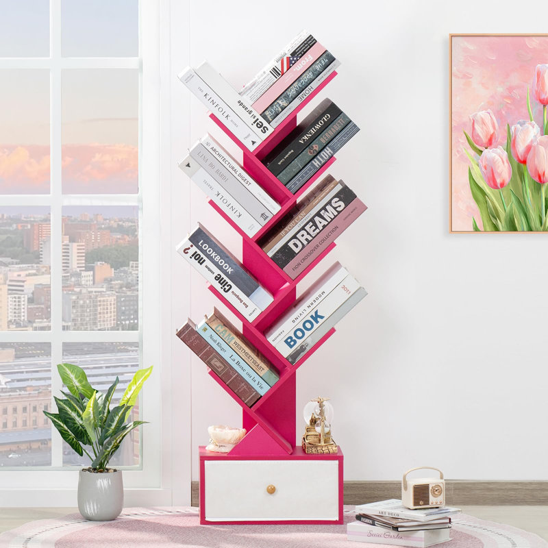 Bibliothèque à 8 niveaux avec tiroir, bibliothèque haute en bois avec conception anti-basculement, tablette de rangement peu encombrante pour la chambre à coucher, le salon et le bureau personnel