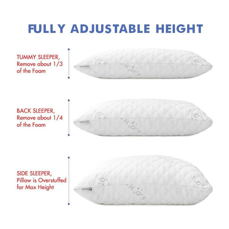 Queen Size Cooling Luxury Hotel Quality Bed Pillow With Adjustable Removable Precision-cut Memory Foam For Side, Back, And Tummy Sleepers, Rayon From Bamboo Cover Included