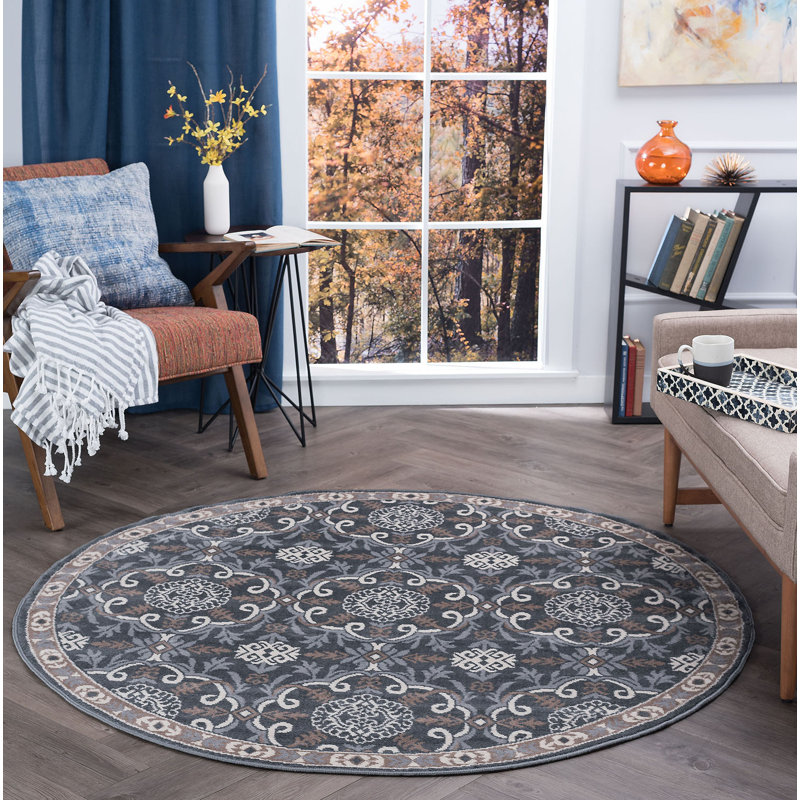 Hoban Oriental Scroll Gray Indoor Area Rug for Living Room, Bedroom, Dining Room, Round 7'10"