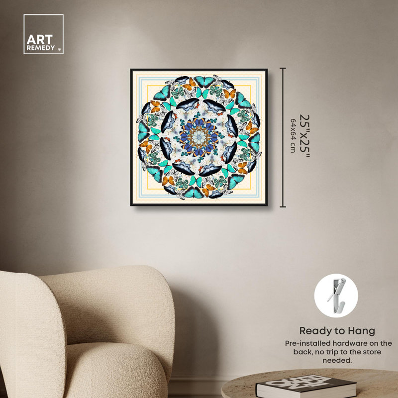«Rotating Butterflies», art mural boho par Hokku Designs, Cadre noir, H 25 po x l 25 po
