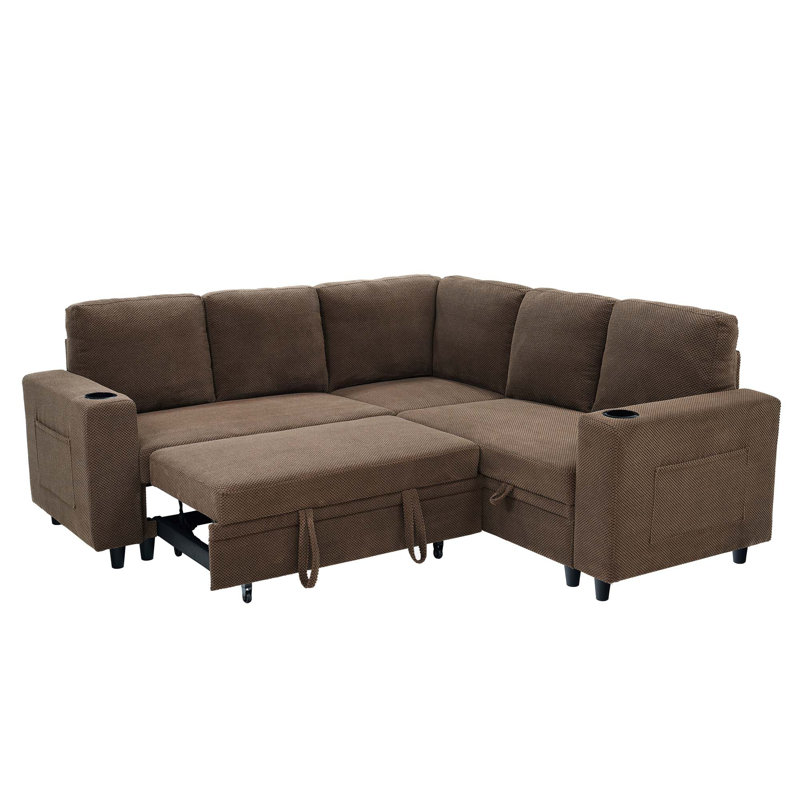 Canapé-lit d'angle convertible en forme de L avec rangement dissimulé, Tissu café
