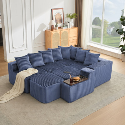 137.5" U Shaped  Sofa , USB & Wireless Charge, Coffee Table Board With A Cup Holder
