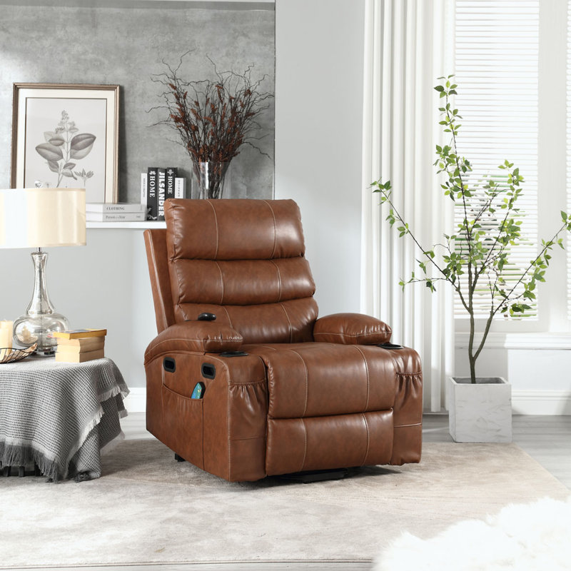 Fauteuil de massage inclinable électrique chauffant, Cuir polyuréthane brun