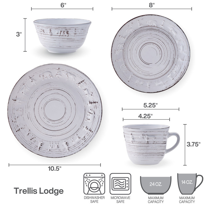 Pfaltzgraff Trellis Lodge 16-Piece Stoneware Dinnerware Set, Service for 4, White