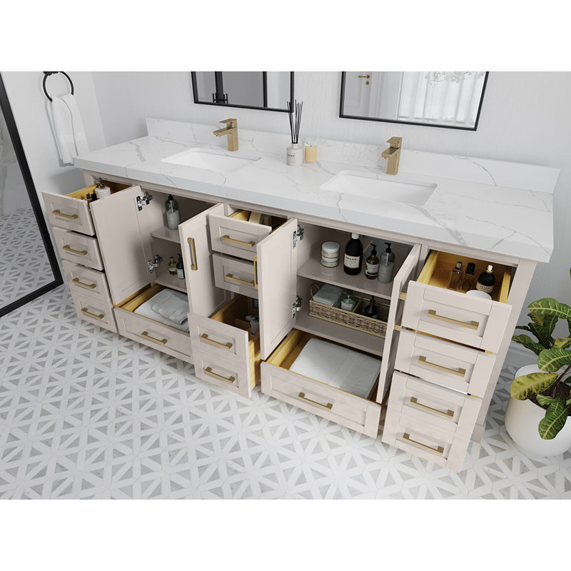 Boston 84 In. W X 22 In. D Double Sink Bathroom Vanity With 2 In. Piatra Quartz, Berkshire Brass