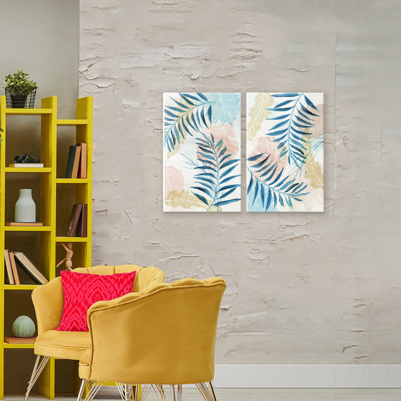Ensemble de 2 toiles pastel et palmier bleu, conception par Nan, H 24 po x l 16 po