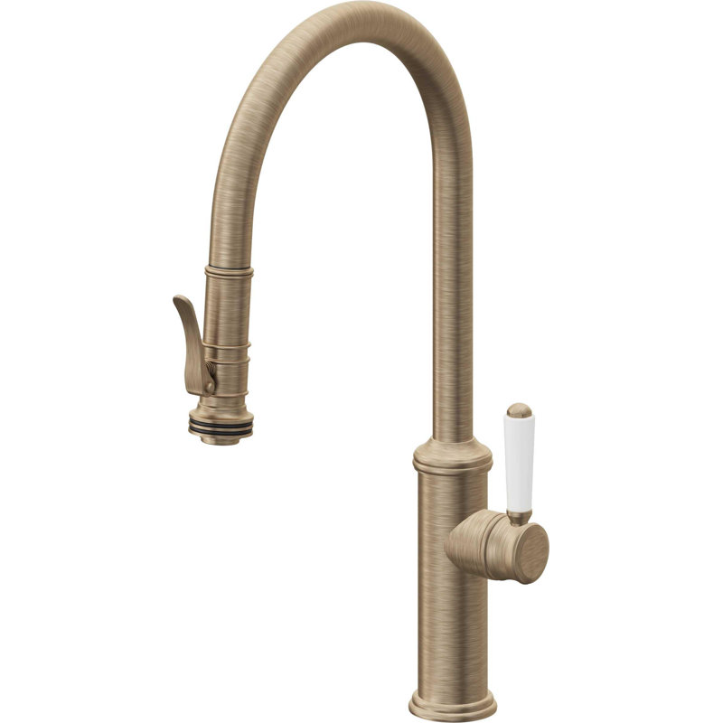 Davoli Pull-Down Kitchen Faucet with Squeeze Sprayer - High Arc Spout, Antique Brass Flat