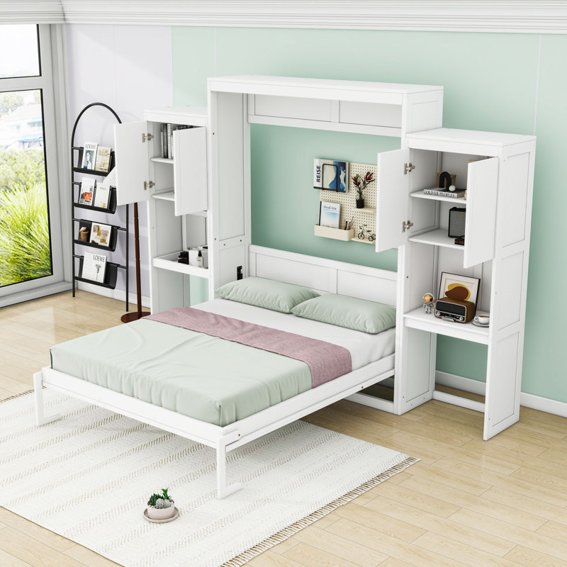Grand lit escamotable avec bureau, coiffeuse et tablettes, Blanc