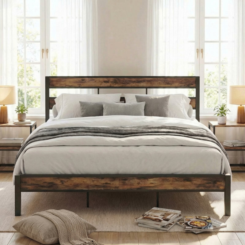 California King Bed Frame with Headboard, Modern Industrial Style with Strong Metal Support, Easy Assembly, No Spring Needed