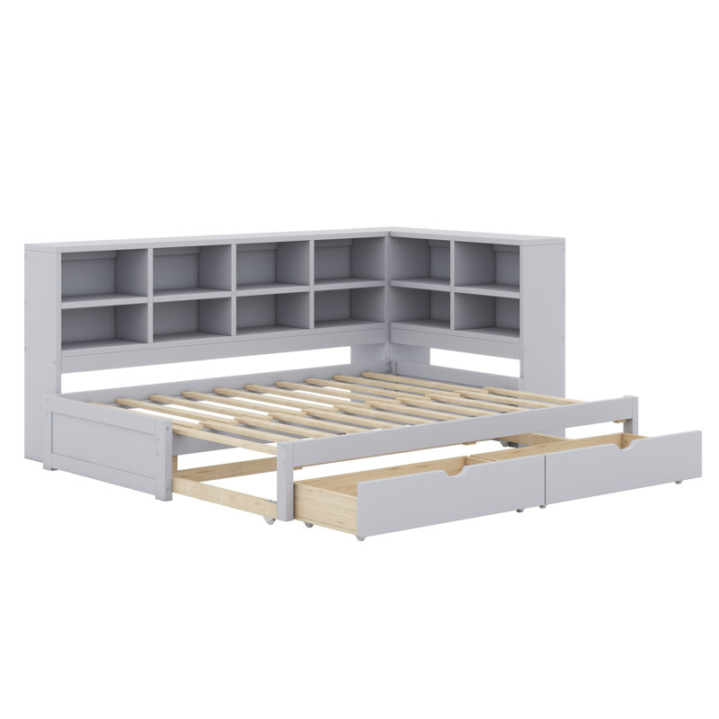 Modern Daybed Frame with 2 Drawers and Open Shelves, LED Lighting & USB, Gray