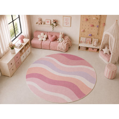 Tapis rond à rayures ondulées « ultra mince » 183 x 183 cm, doux et léger, idéal pour la chambre d'enfant, la crèche, la salle de jeux, le salon et la décoration intérieure.