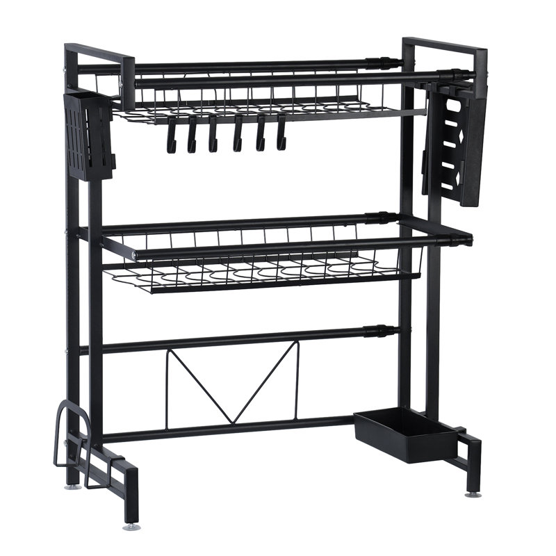 Égouttoir à vaisselle sur l'évier Sotheary, télescopique, égouttoir à vaisselle grande capacité à 2 niveaux, support pour évier, fournitures de tablettes de comptoir de cuisine pour assiettes, bols, noir