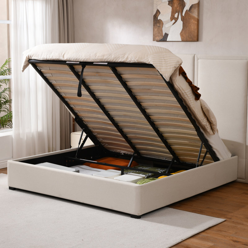 Upholstered Storage Bed With Oversized Headboard, Beige, King