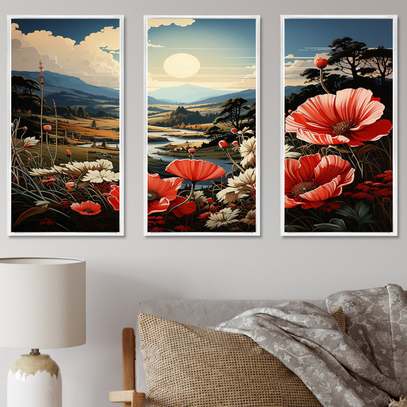 «Pink Crimson Flower S Embrace III», ensemble d'art sur toile, Cadre flottant blanc, H 40 po x l 60 po x P 1 po