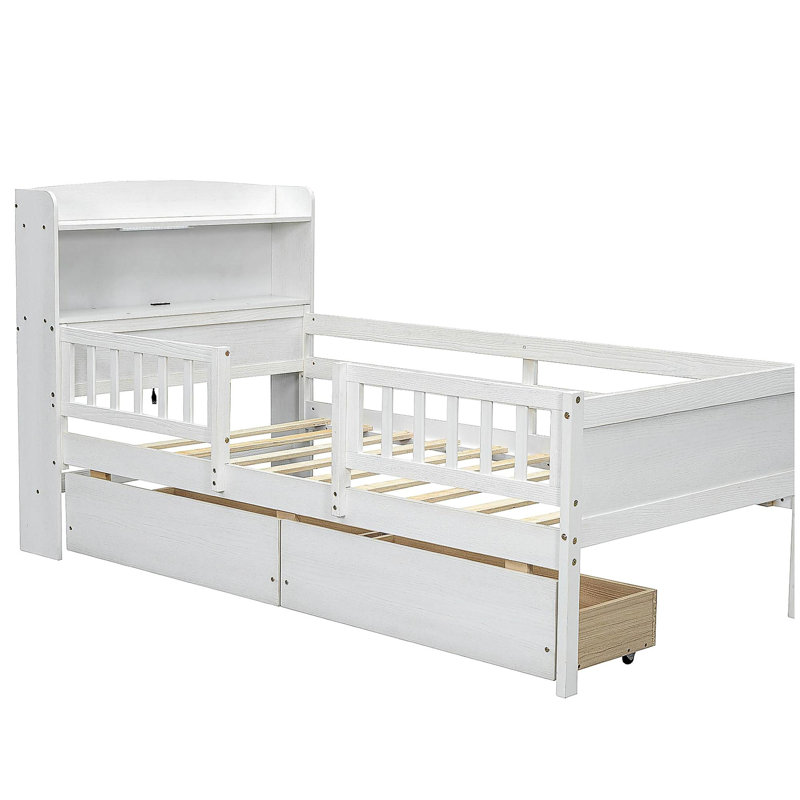 Structure de lit double en bois avec lumières à DEL intégrées, tête de lit multifonctionnelle, garde-corps et 2 tiroirs