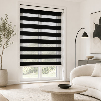 SHADESU Custom Made Zebra Roller Shade for Windows, Dual Layer Light Filtering Blind with Sheer and Solid Fabric, Adjustable Privacy Window Shade, Black, 80" W x 78" H