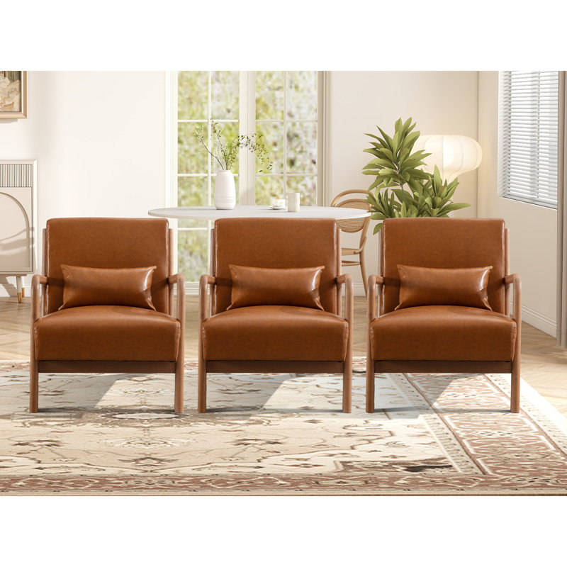 Lyon 25.78" Wide Mid Century Faux Leather Accent Chair with an Extra Pillow(Set of 3), Camel Faux Leather, Brown