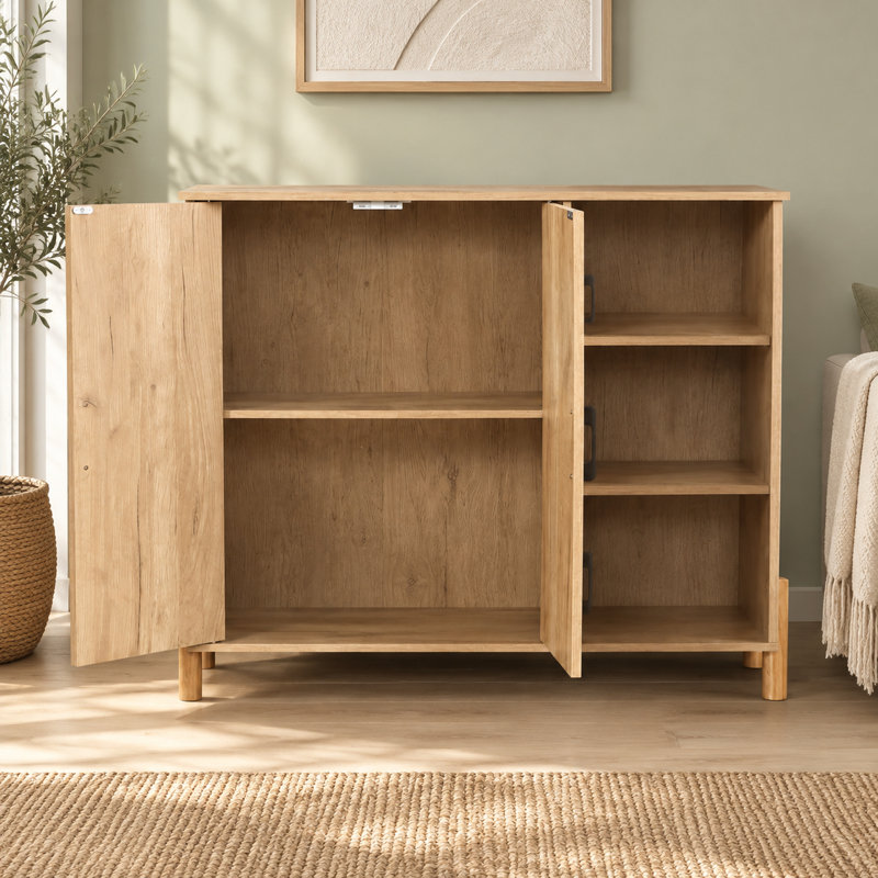 35.4" Natural Accent Cabinet with Rattan Doors and Open Shelves