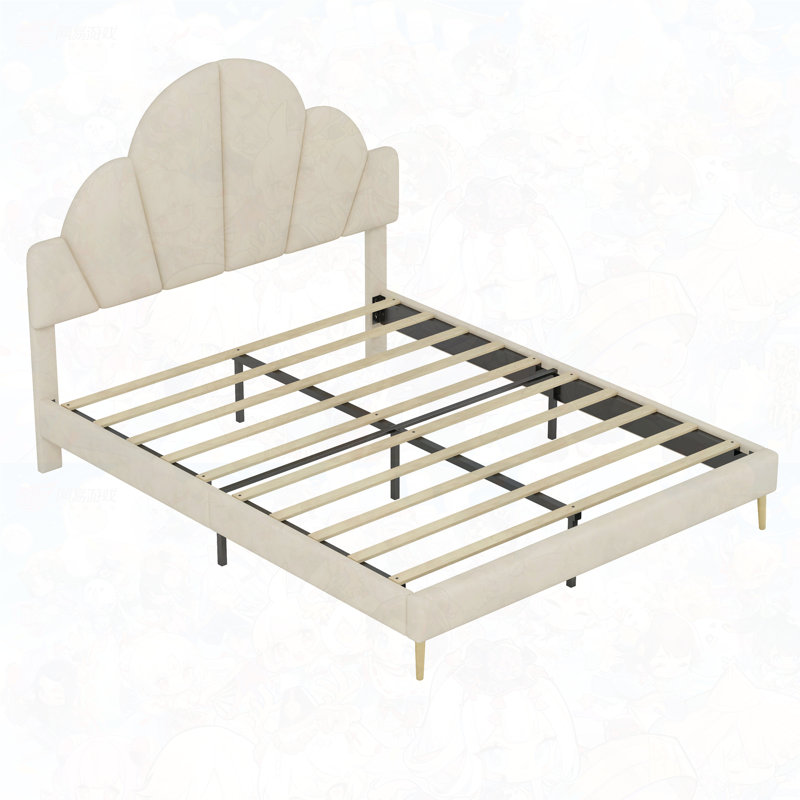Grand cadre de lit tapissier grand avec lumières DEL, lit plateforme moderne en velours avec tête de lit capitonnée, Beige