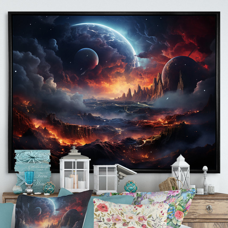 Orange, noir, astronomique, espace, rêves II, H 30 po x l 40 po x P 1,5 po, Cadre flottant noir