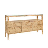 Six Drawer Console With Open Shelf In Burl Wood With Polished Brass Knobs