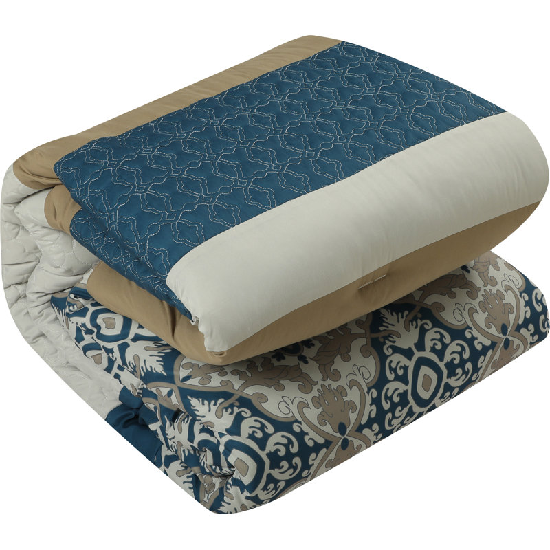 Queen Blue and Beige Microfiber Damask Comforter Set